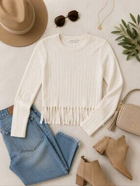 Endless Rose Cream Fringe Long Sleeve Top